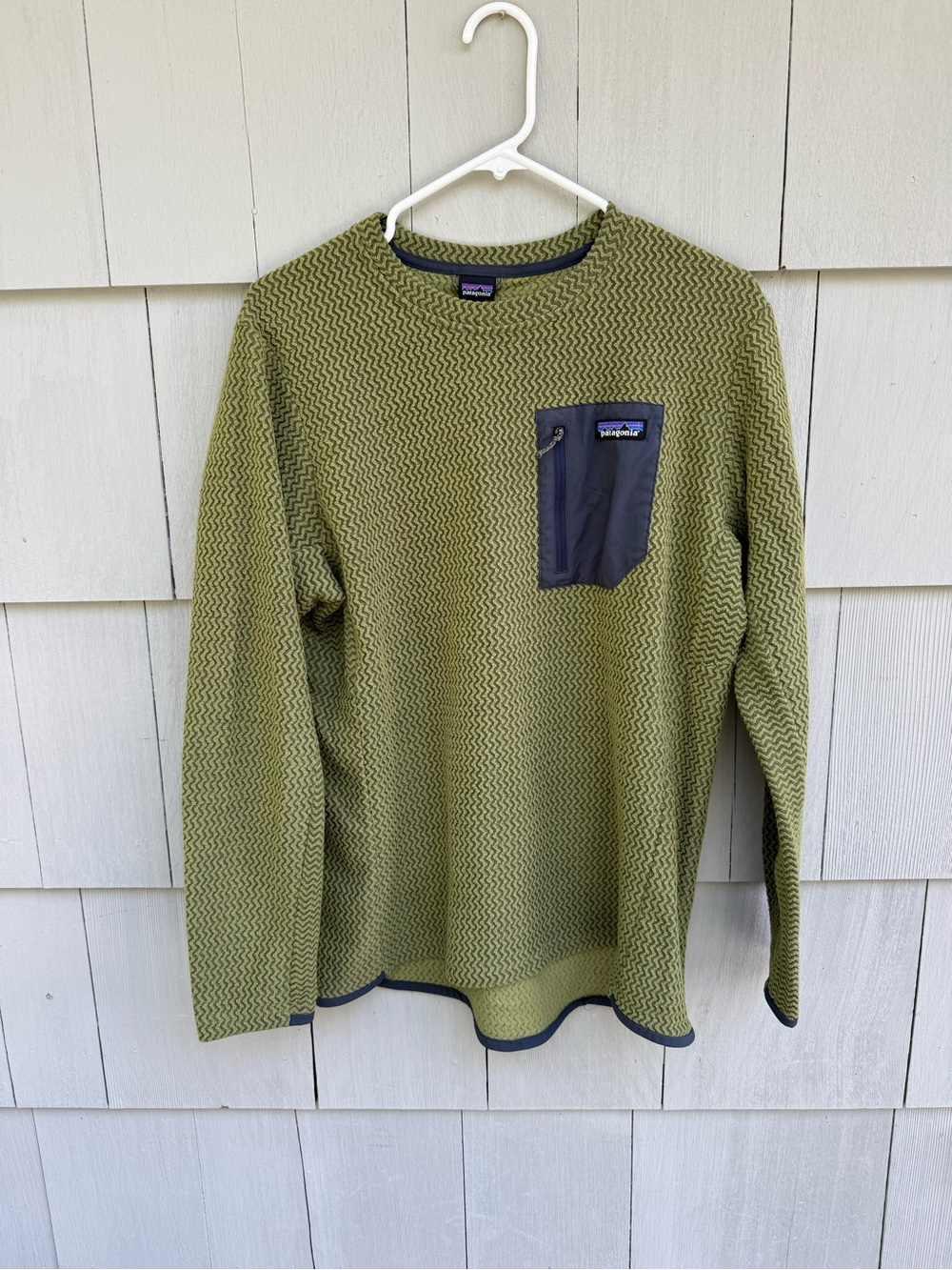 Patagonia R1 Olive Green Textured Crew Sweatshirt with Contrast Pocket Trim